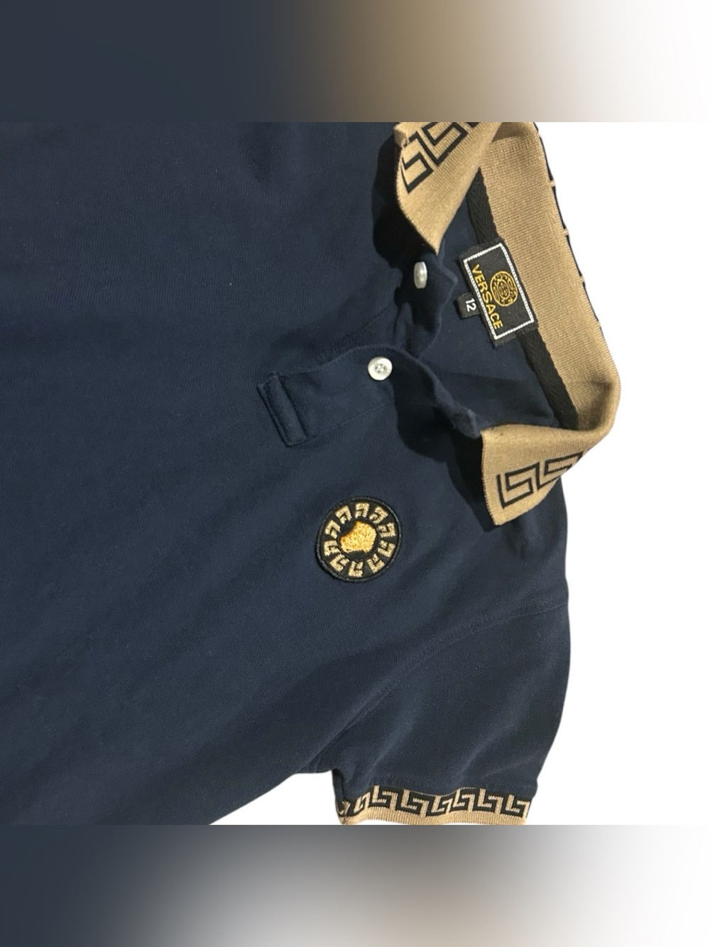 Versace Greek Key Youth/Boys Polo Shirt Navy Gold Size 12 SEE MEASUREMENTS